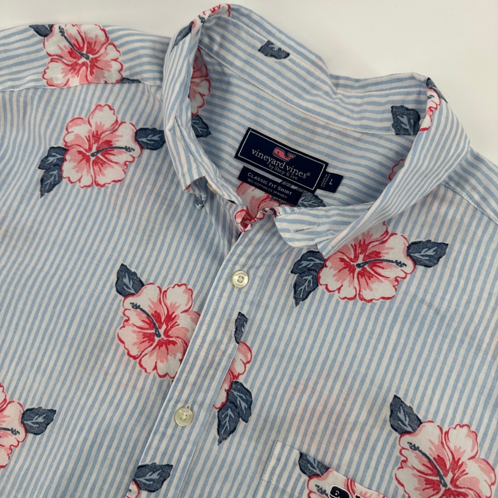 Vineyard Vines Mens Large Blue Stripe Pink Hibiscus Floral Classic Fit SS Shirt
